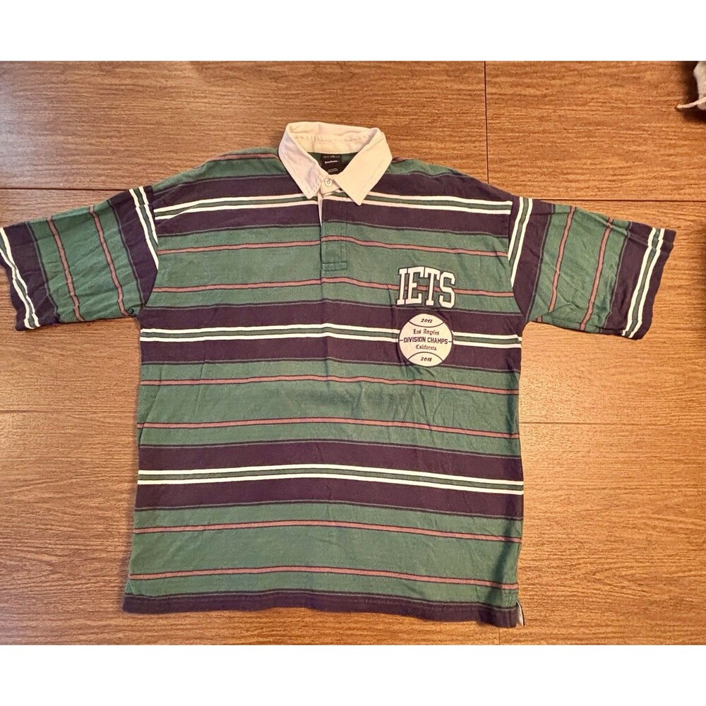 Men’s Jets Frans Green/Navy Stripe Rugby Polo Division Champs Football Med GUC